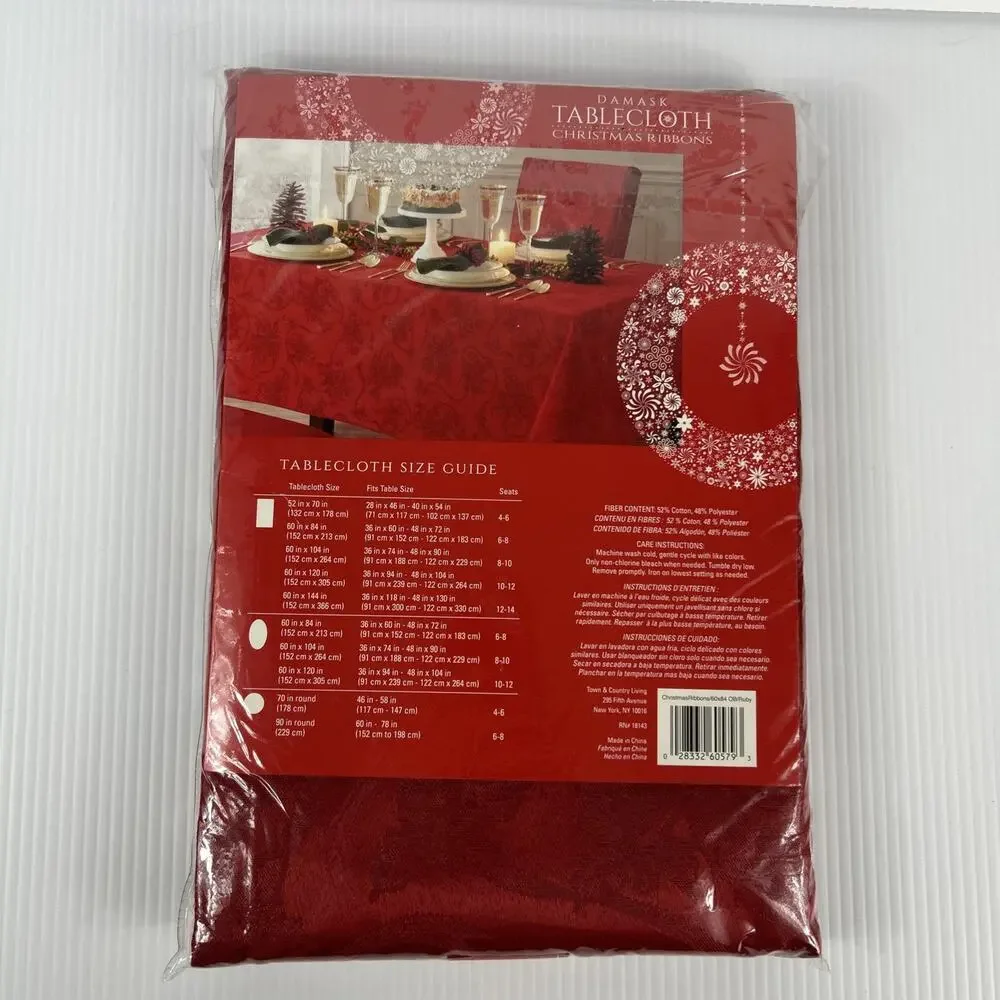 Tablecloth Christmas Ribbons 60 x 84 Oblong Damask Ruby Red Town & Country NEW
